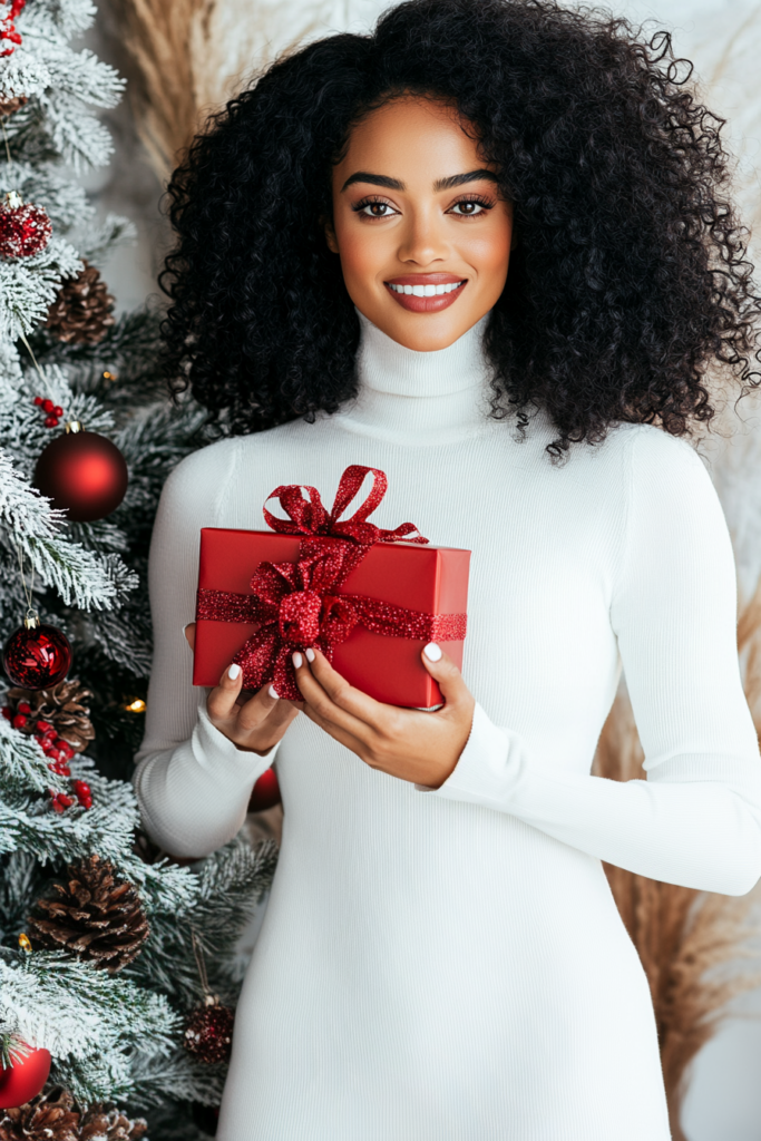 African American woman holding a christmas present