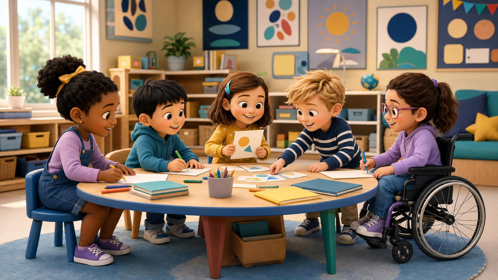 Young students collaborating at a table surrounded by colorful classroom printables, notebooks, picture cards, and art supplies.
