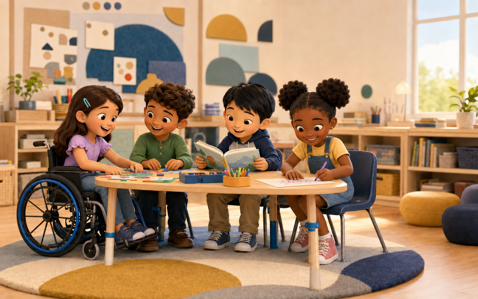 A diverse group of young students learning together in a cheerful classroom, including a left-handed student and a student who uses a wheelchair.