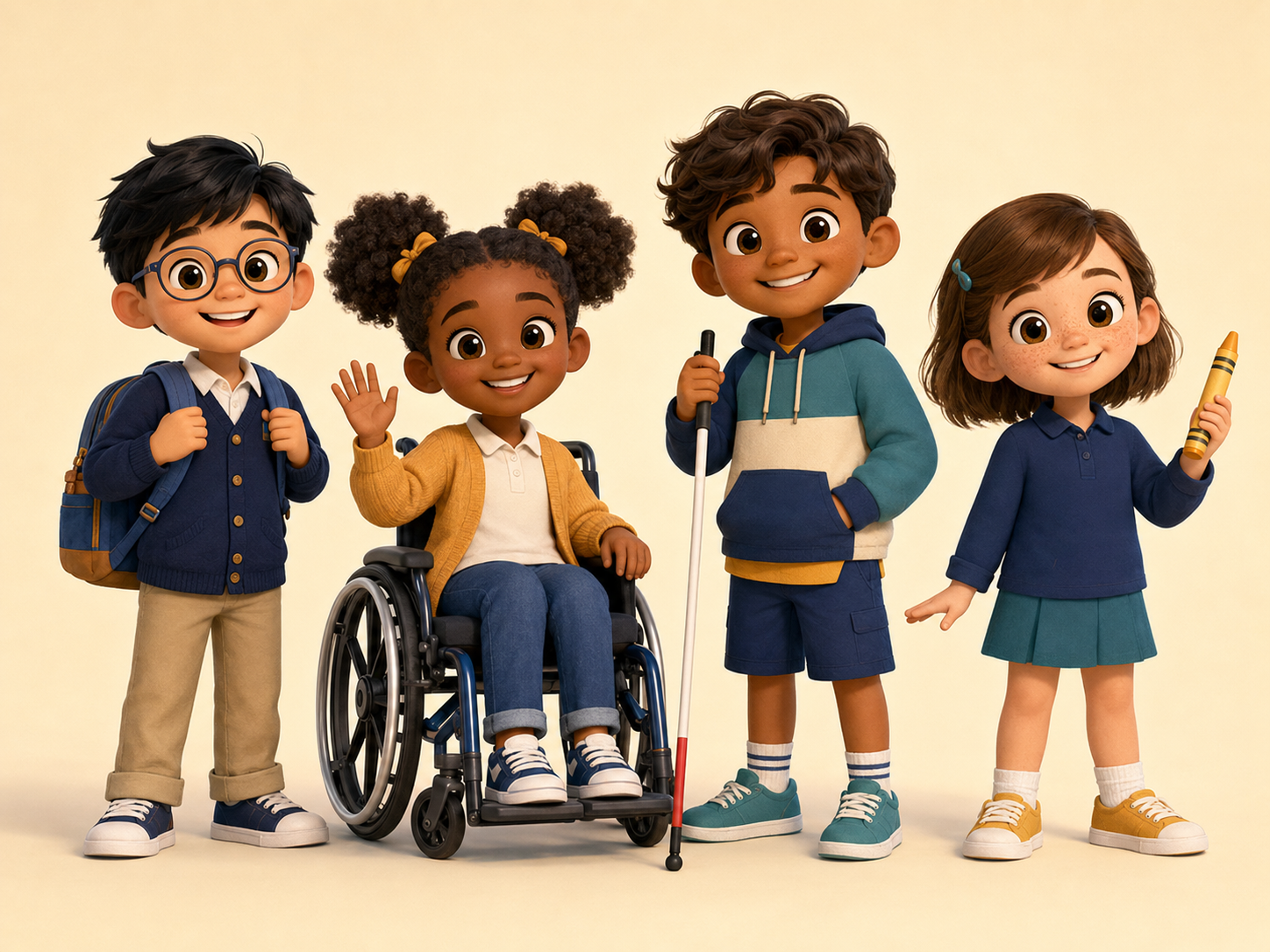 Four diverse K–2 student characters, including children with glasses, a white cane, left-handedness, and a wheelchair.