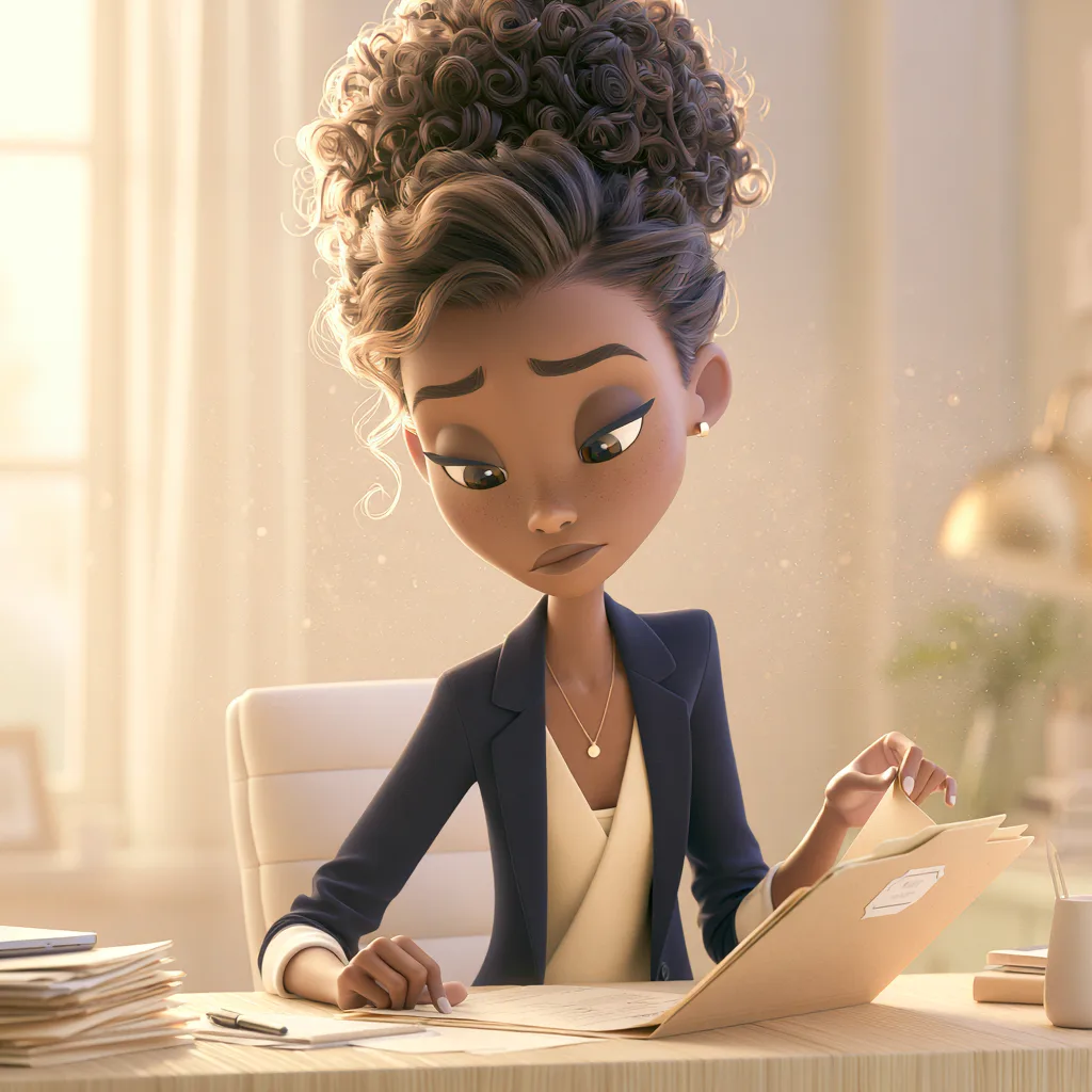 woman12 Animated woman reading documents thoughtfully.